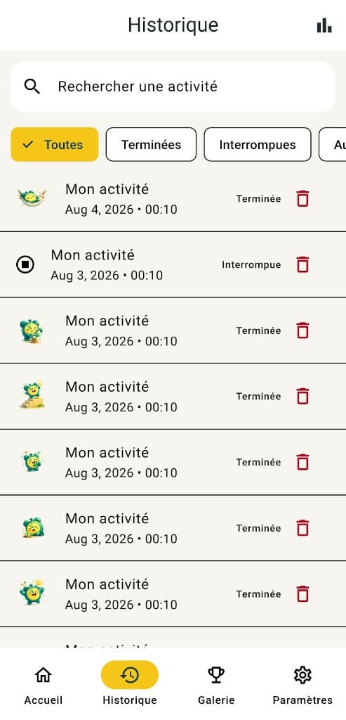 Fun Timer History screen with filters and sessions