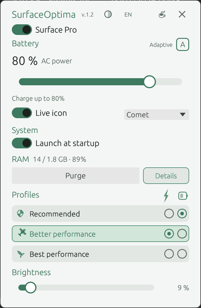 Surface Optima interface — light theme